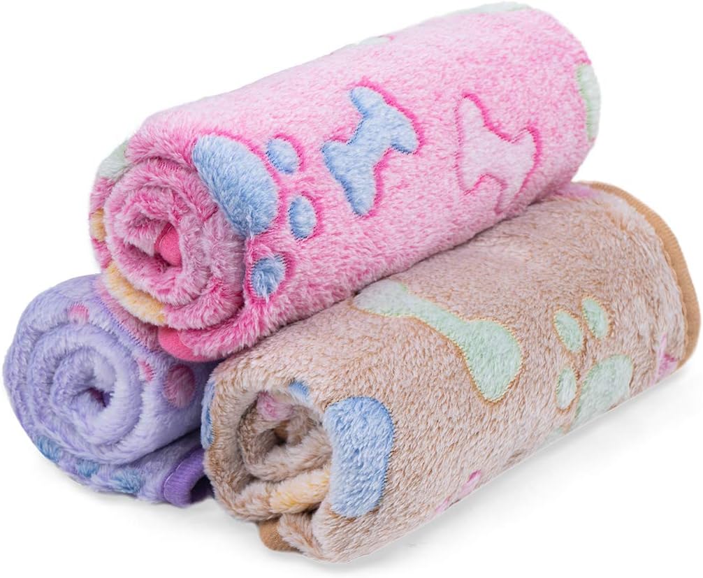 1 Pack 3 Dog Blankets, Soft Fluffy Fleece Pet Blanket Warm Sleep Mat Paw Print Design Puppy Kitten Throw Blanket Doggy Mat, Blanket for Dogs
