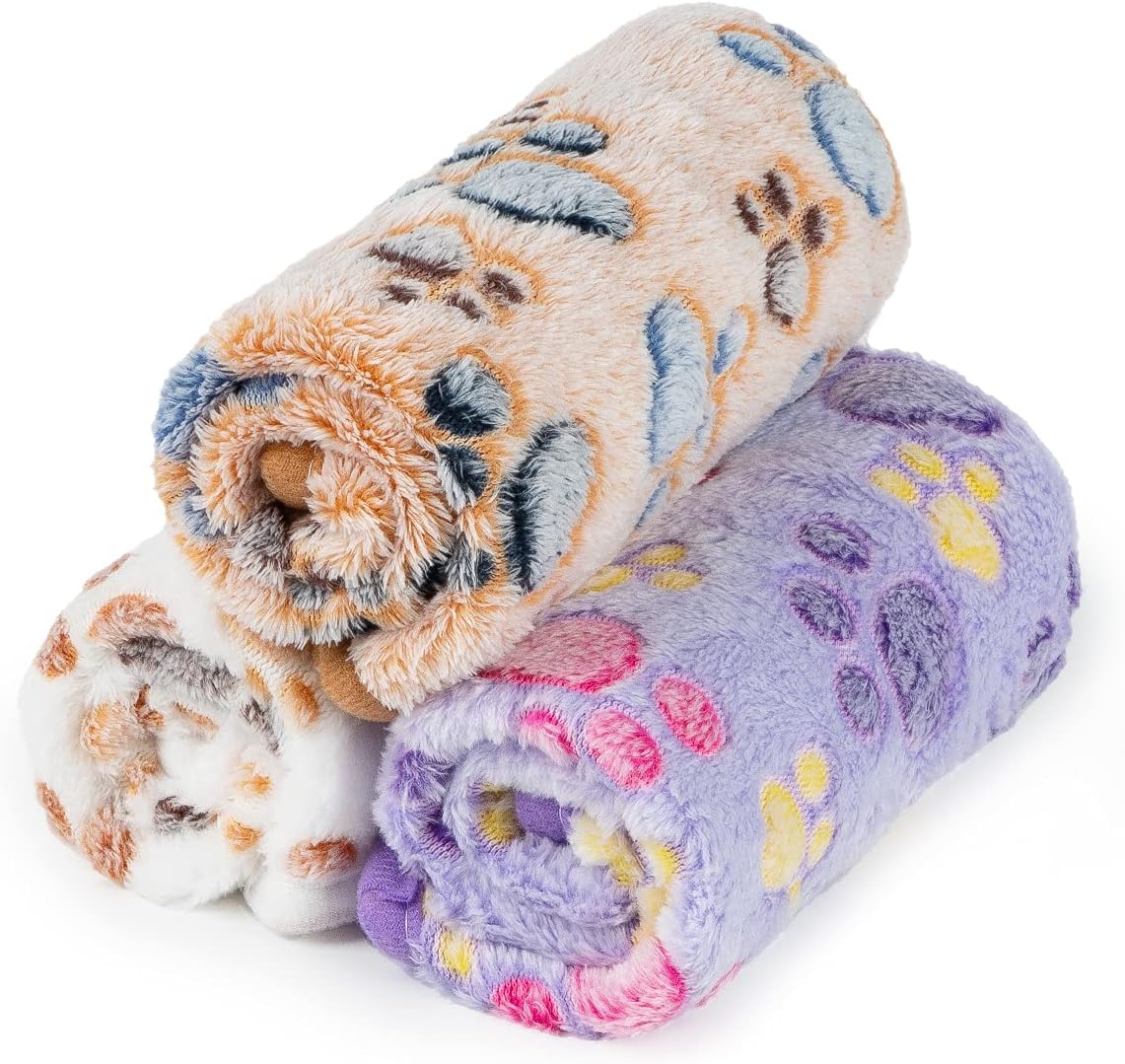 1 Pack 3 Dog Blankets, Soft Fluffy Fleece Pet Blanket Warm Sleep Mat Paw Print Design Puppy Kitten Throw Blanket Doggy Mat, Blanket for Dogs