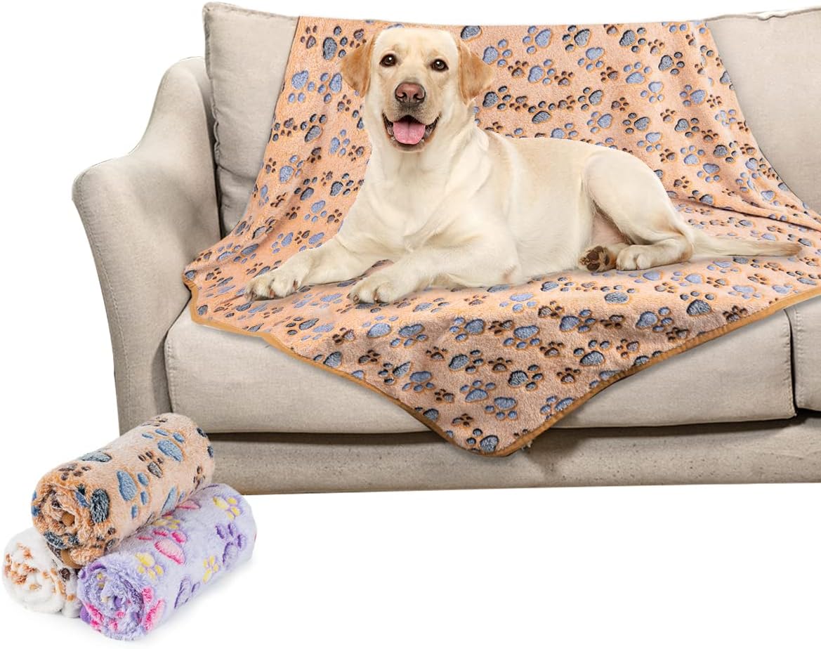 1 Pack 3 Dog Blankets, Soft Fluffy Fleece Pet Blanket Warm Sleep Mat Paw Print Design Puppy Kitten Throw Blanket Doggy Mat, Blanket for Dogs