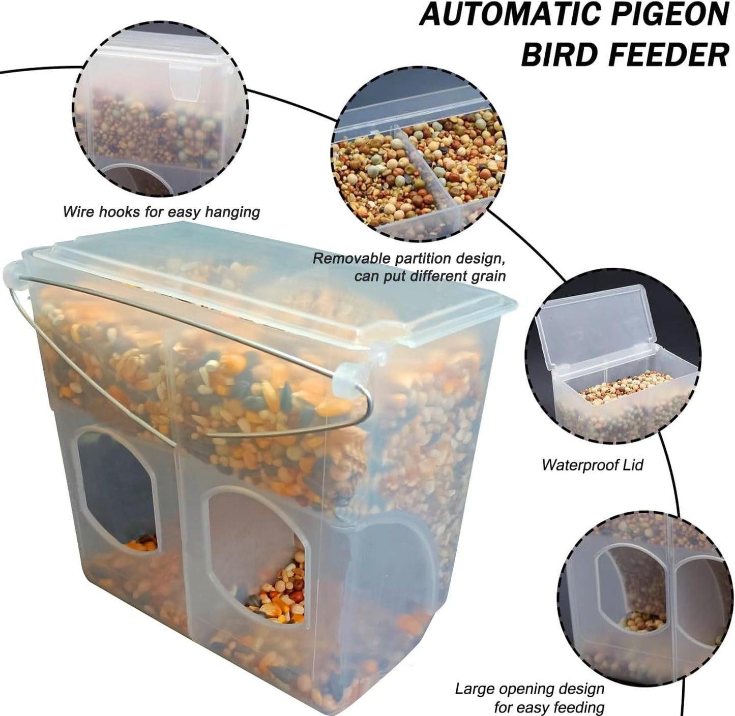 Automatic Pigeon Bird Feeder Water, Plastic Feeder Water Dispenser Drinkers for Cage, No Mess Hanging Parrot Food Feeding, Cage Accessories for Parakeet Quail Bird Chicken (2 Hole - Iron Wire)