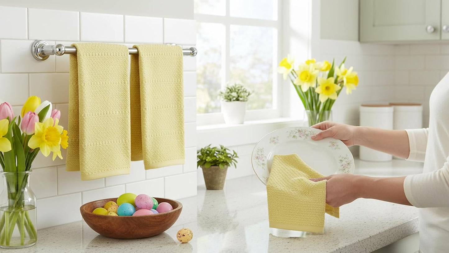 Light Butter Yellow Kitchen Hand Dish Towels: Oversized 28" x 18",100% Cotton Cloth Soft Cleaning Drying Absorbent Textured Design, Set of 3 Multipurpose for Everyday Use (Pale Yellow)