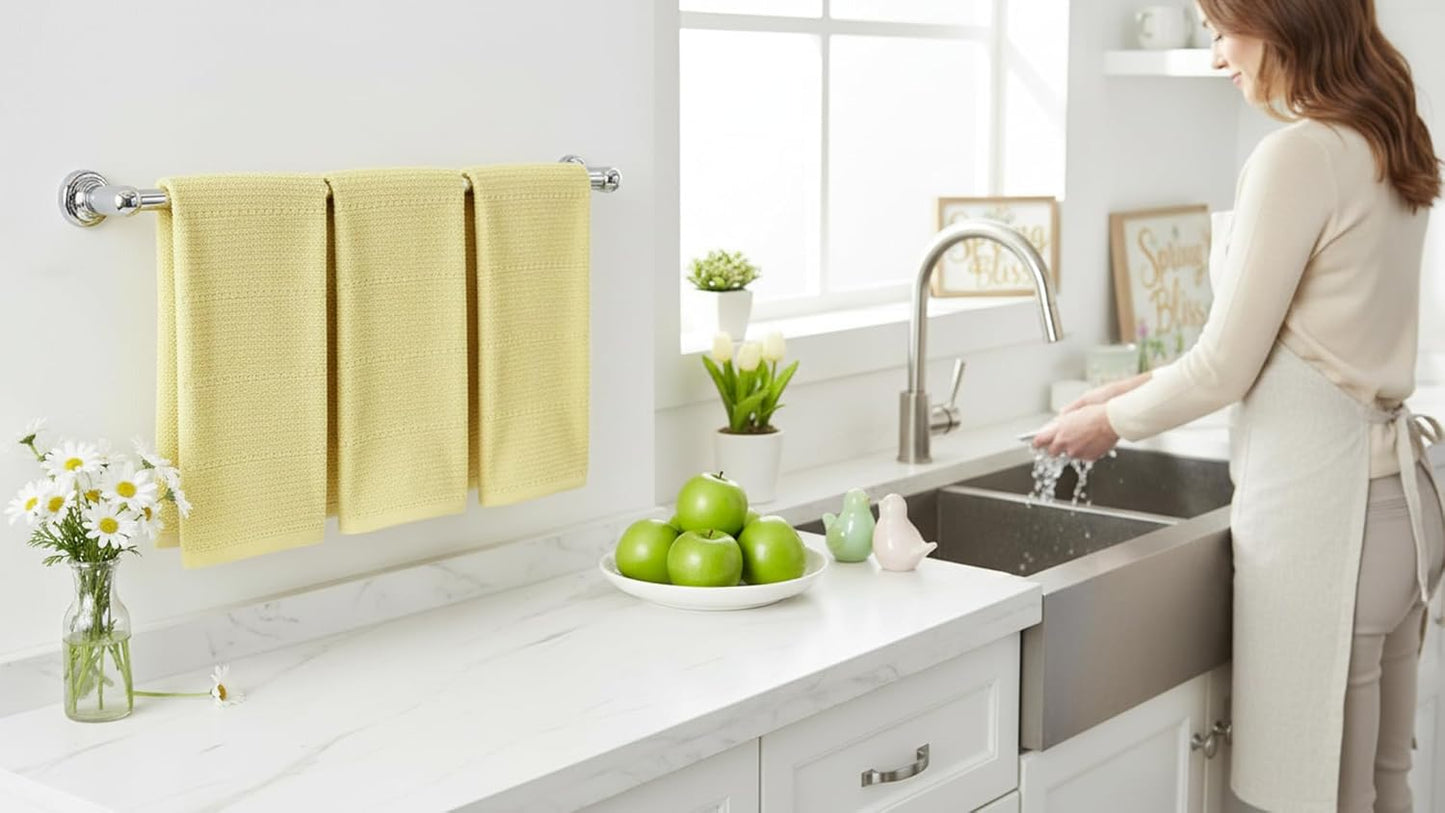 Light Butter Yellow Kitchen Hand Dish Towels: Oversized 28" x 18",100% Cotton Cloth Soft Cleaning Drying Absorbent Textured Design, Set of 3 Multipurpose for Everyday Use (Pale Yellow)