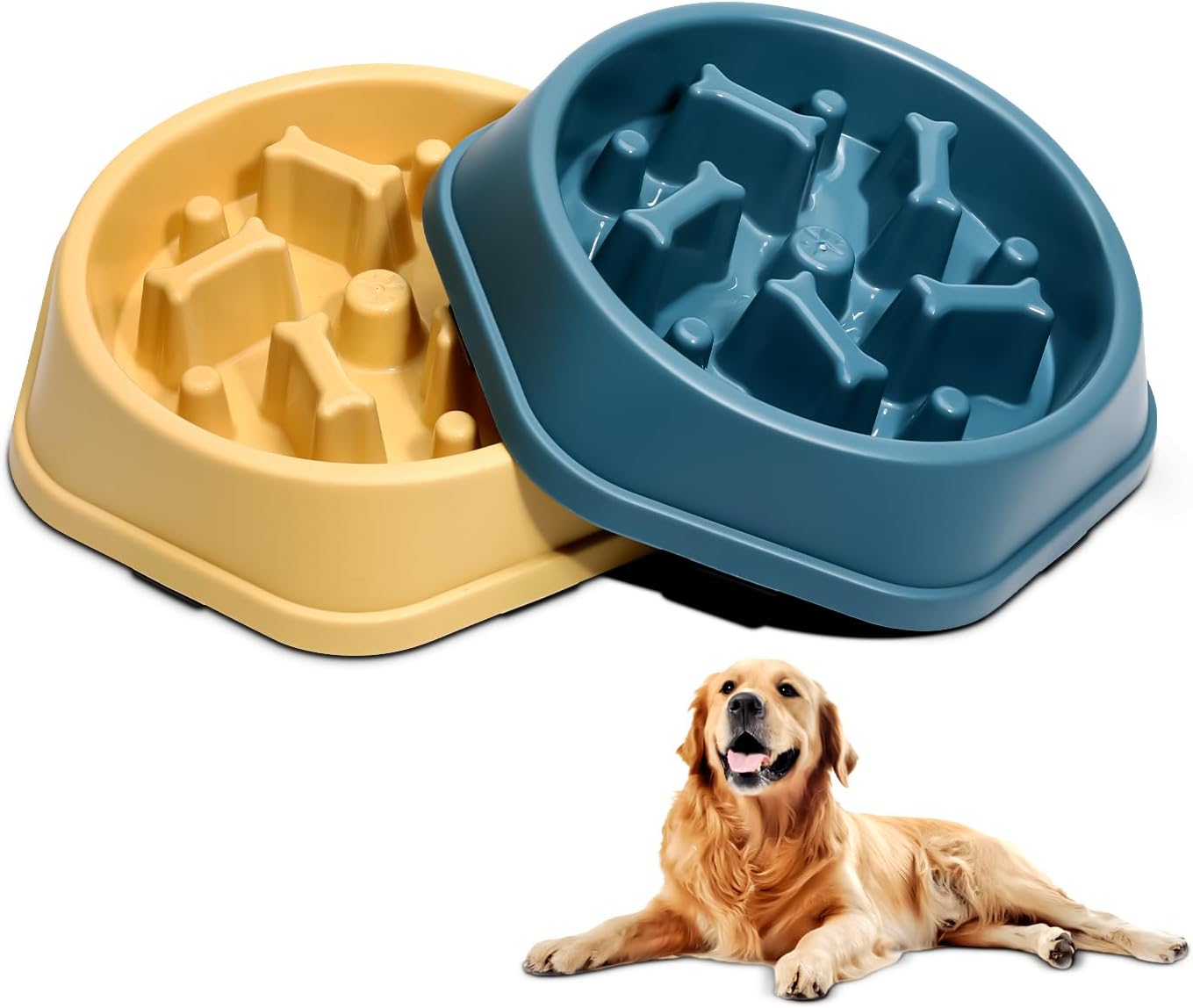2 Pack Slow Feeder Dog Bowls, Anti-Choking Puzzle Dog Food Bowls for Slower Eating, Personalized Dog Bowls for Medium Dogs and Cats, Prevents Overeating, Puppy Training (Blue+Yellow)