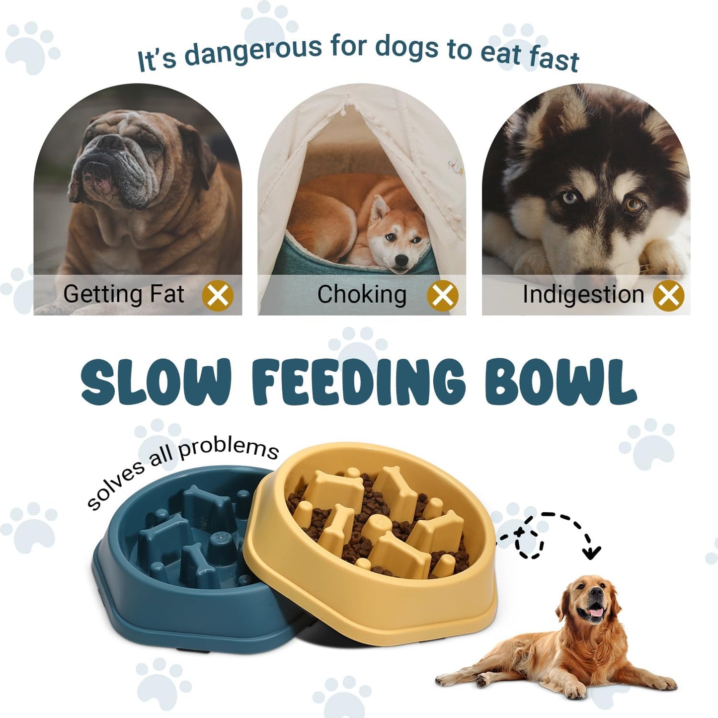 2 Pack Slow Feeder Dog Bowls, Anti-Choking Puzzle Dog Food Bowls for Slower Eating, Personalized Dog Bowls for Medium Dogs and Cats, Prevents Overeating, Puppy Training (Blue+Yellow)