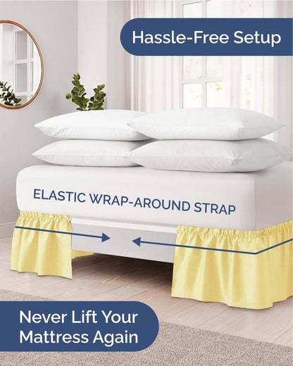 Wrap Around Dust Ruffle Bed Skirt - Yellow - for Queen Size Beds with 15 Inch Drop - Easy Fit Elastic Strap - Adjustable Pleated Bedskirt w/Brushed Fabric Wrinkle Free - for Women, Men, Kids & Teens