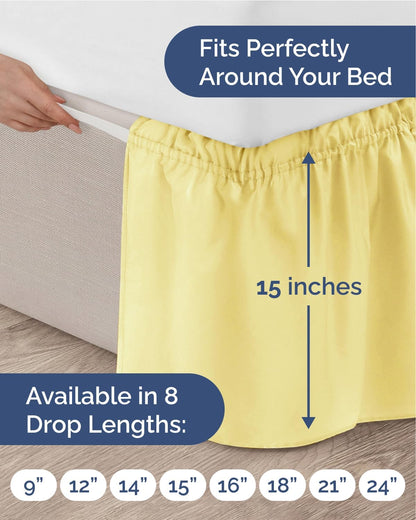 Wrap Around Dust Ruffle Bed Skirt - Yellow - for Queen Size Beds with 15 Inch Drop - Easy Fit Elastic Strap - Adjustable Pleated Bedskirt w/Brushed Fabric Wrinkle Free - for Women, Men, Kids & Teens