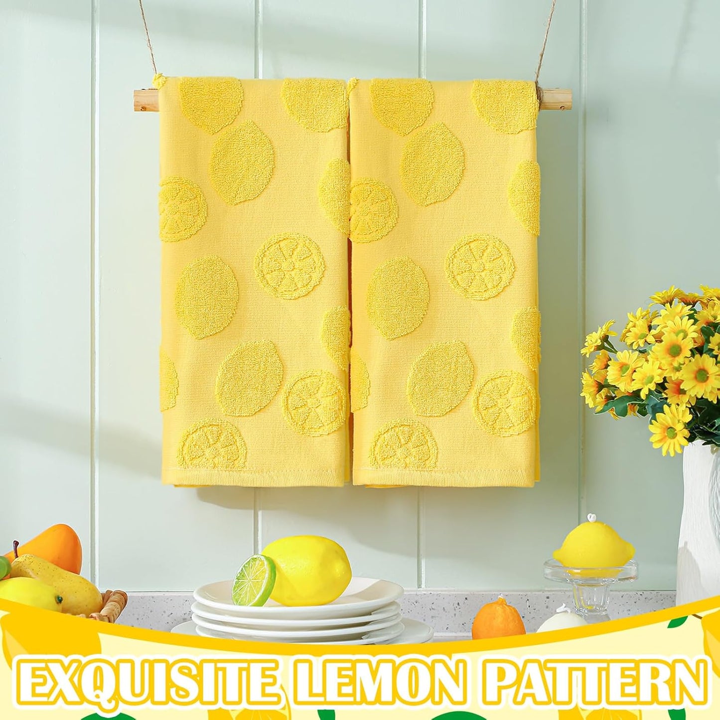 2 Pcs Lemon Hand Towels for Bathroom 100% Cotton Jacquard Weave Bath Towel Set Soft Absorbent Dish Washcloth for Bathroom Kitchen Tropical Theme Gifts 13.8 x 29.5 Inch (Lemon Yellow)