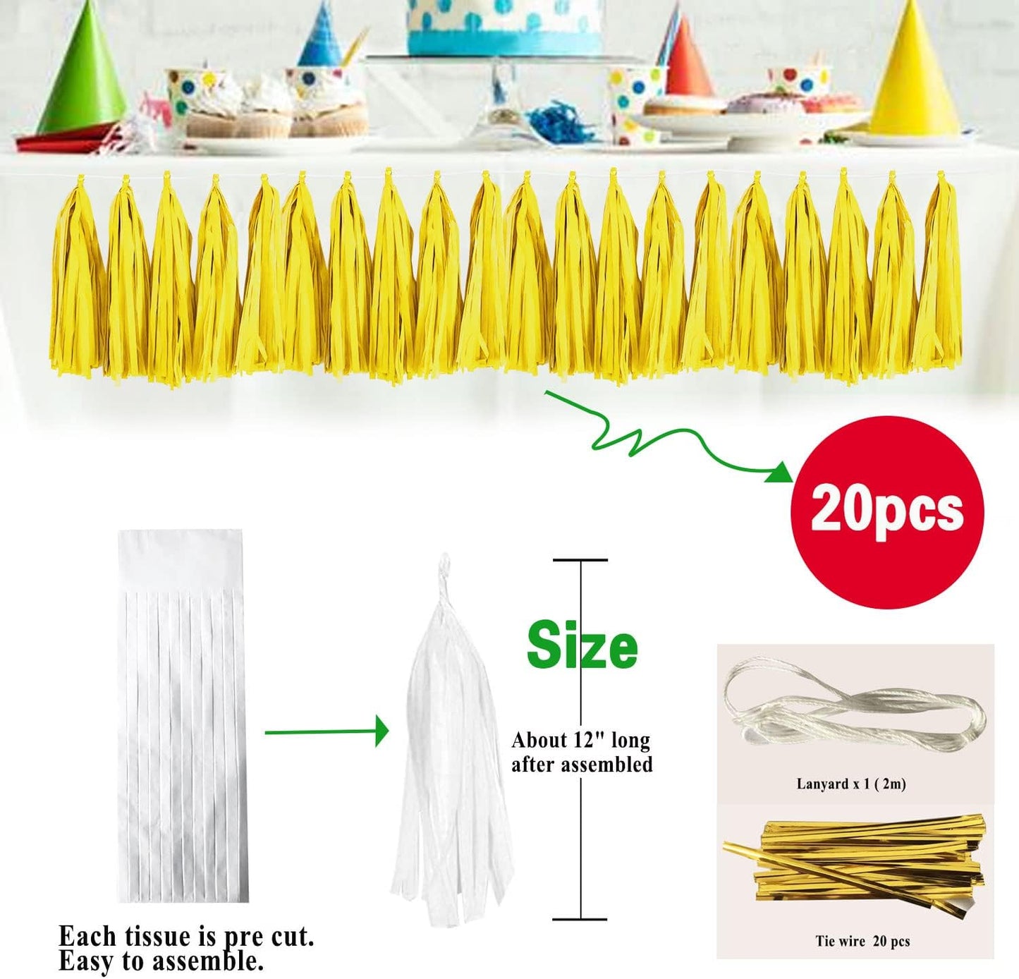 Light Yellow Tissue Paper Tassels Garland Banner for Party Birthday Wedding Decoration Baby Shower Table Decor Balloon (20 Pcs)