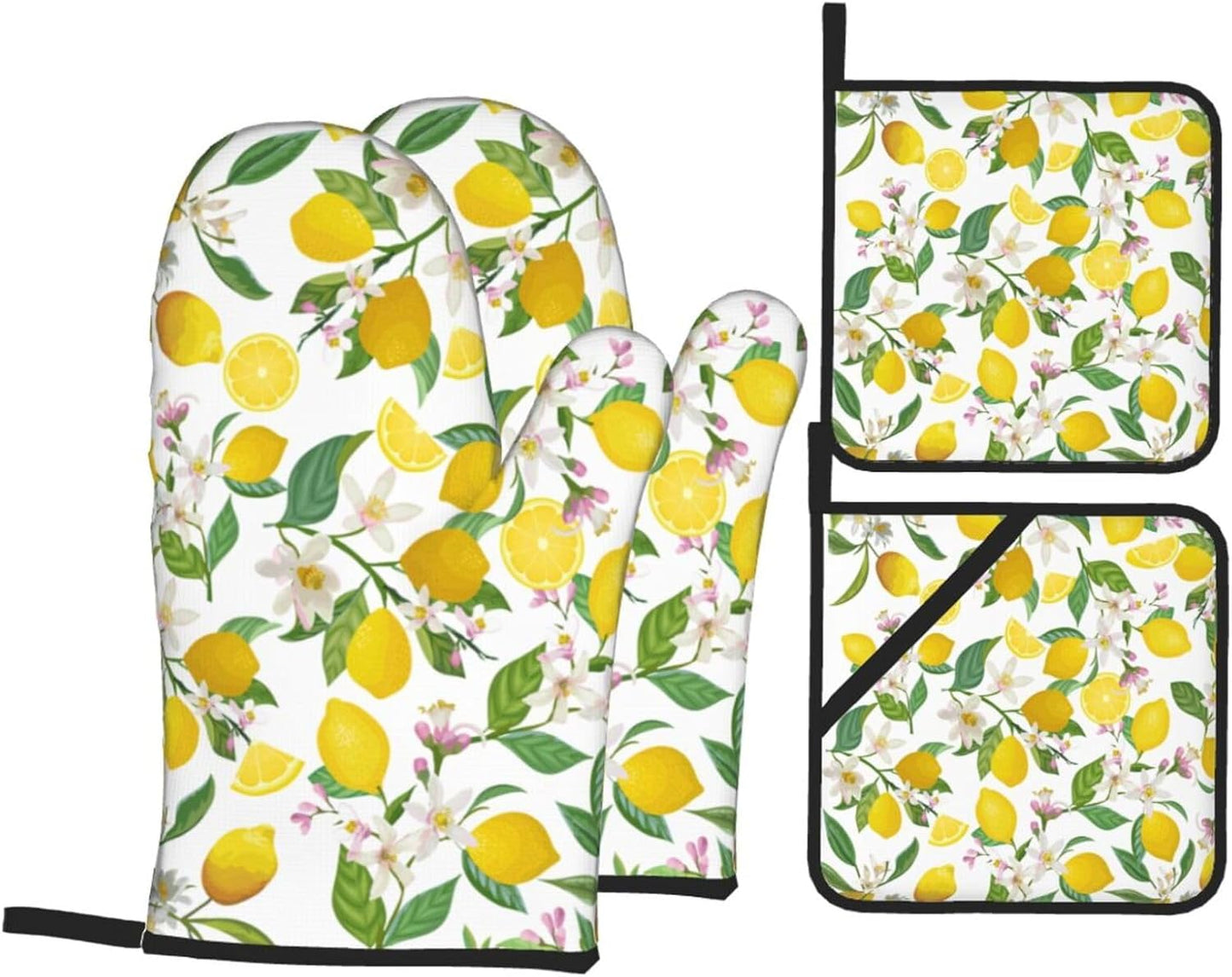 Lemon Oven Mitts and Pot Holders, Cute 4 Pack Heat Resistant Oven Gloves Set for Baking Kitchen Dining Cooking Grilling (Yellow)