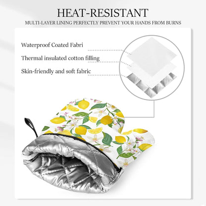 Lemon Oven Mitts and Pot Holders, Cute 4 Pack Heat Resistant Oven Gloves Set for Baking Kitchen Dining Cooking Grilling (Yellow)