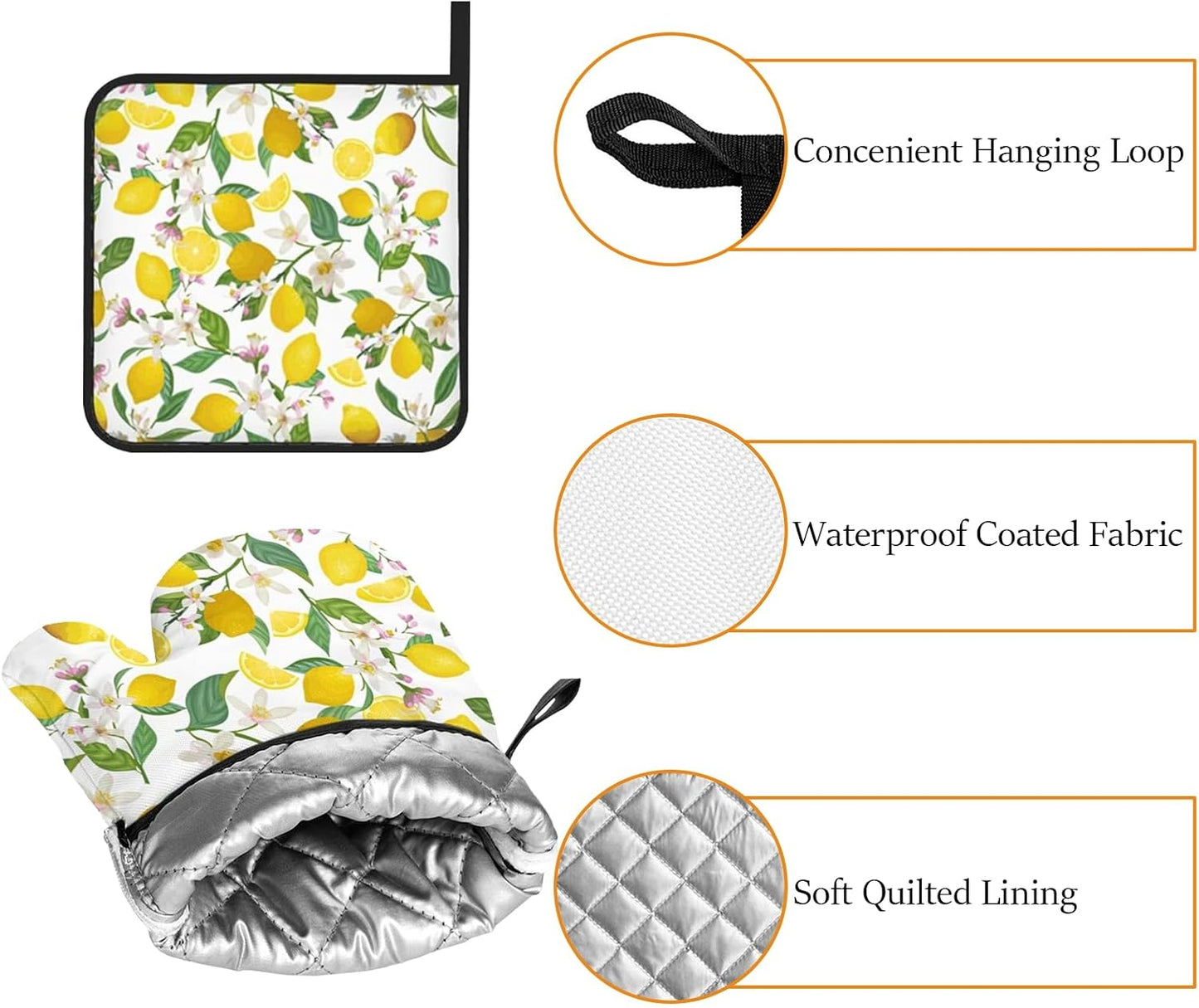 Lemon Oven Mitts and Pot Holders, Cute 4 Pack Heat Resistant Oven Gloves Set for Baking Kitchen Dining Cooking Grilling (Yellow)