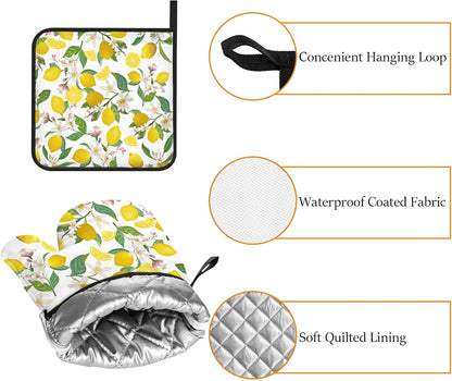 Lemon Oven Mitts and Pot Holders, Cute 4 Pack Heat Resistant Oven Gloves Set for Baking Kitchen Dining Cooking Grilling (Yellow)