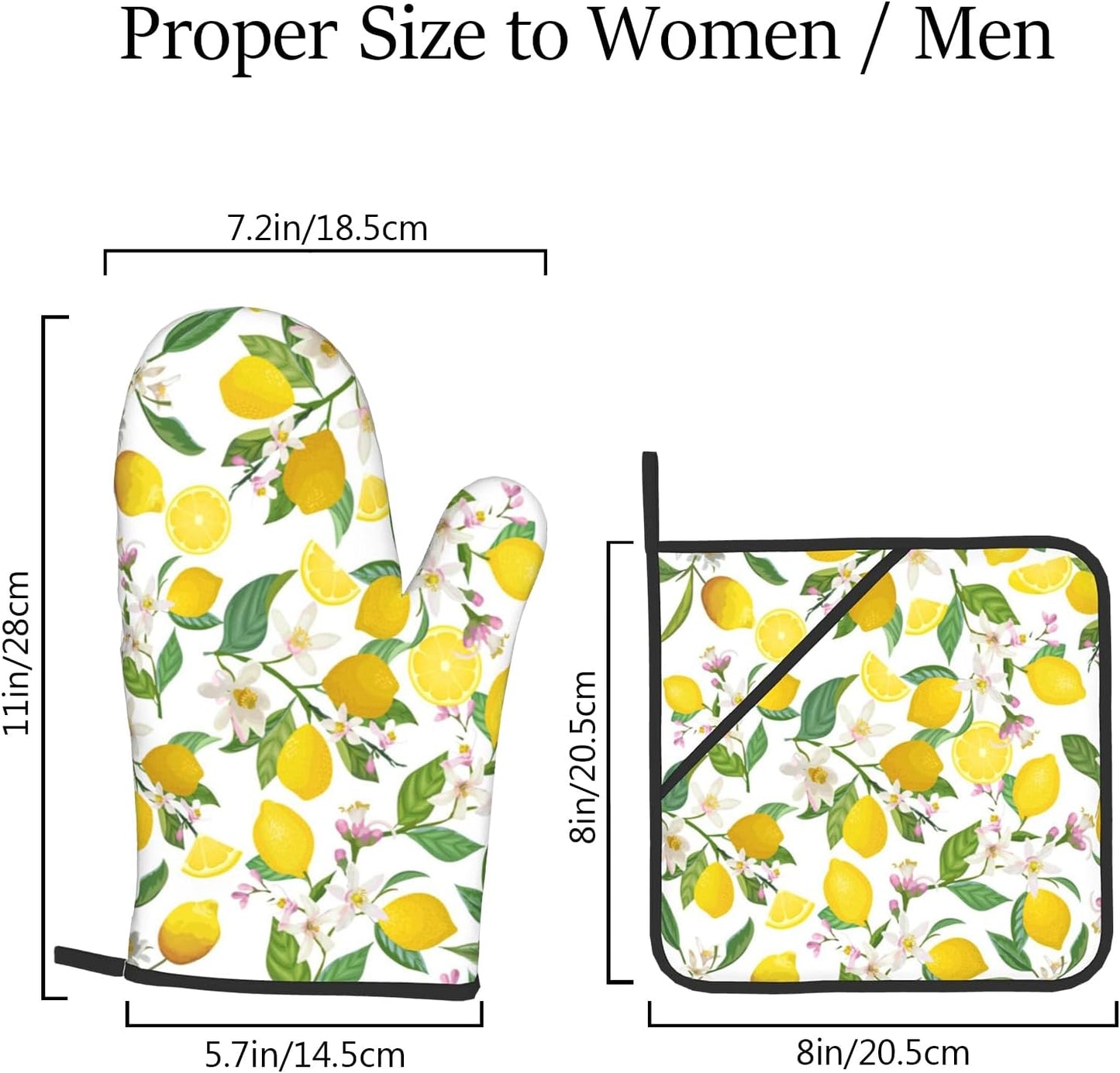 Lemon Oven Mitts and Pot Holders, Cute 4 Pack Heat Resistant Oven Gloves Set for Baking Kitchen Dining Cooking Grilling (Yellow)