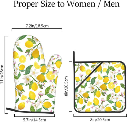 Lemon Oven Mitts and Pot Holders, Cute 4 Pack Heat Resistant Oven Gloves Set for Baking Kitchen Dining Cooking Grilling (Yellow)