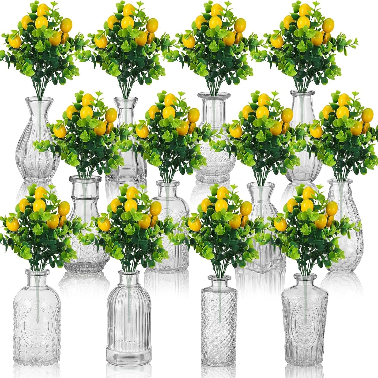 24 Pcs Artificial Lemon Branches with Glass Bud Vase Set 12 Yellow Faux Lemons 12 Mini Clear Embossed Bud Vase for Kitchen Table Bookshelf Home Decoration Wedding Birthday Farmhouse Decor