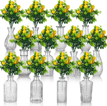 24 Pcs Artificial Lemon Branches with Glass Bud Vase Set 12 Yellow Faux Lemons 12 Mini Clear Embossed Bud Vase for Kitchen Table Bookshelf Home Decoration Wedding Birthday Farmhouse Decor