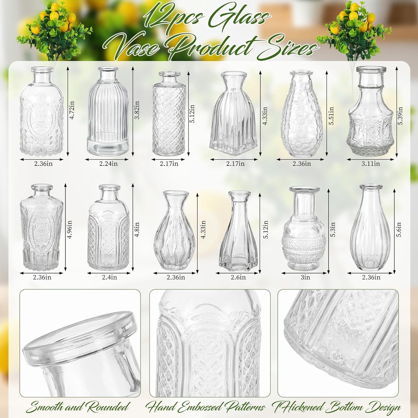 24 Pcs Artificial Lemon Branches with Glass Bud Vase Set 12 Yellow Faux Lemons 12 Mini Clear Embossed Bud Vase for Kitchen Table Bookshelf Home Decoration Wedding Birthday Farmhouse Decor