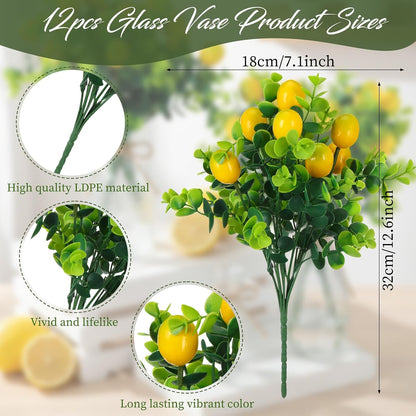 24 Pcs Artificial Lemon Branches with Glass Bud Vase Set 12 Yellow Faux Lemons 12 Mini Clear Embossed Bud Vase for Kitchen Table Bookshelf Home Decoration Wedding Birthday Farmhouse Decor