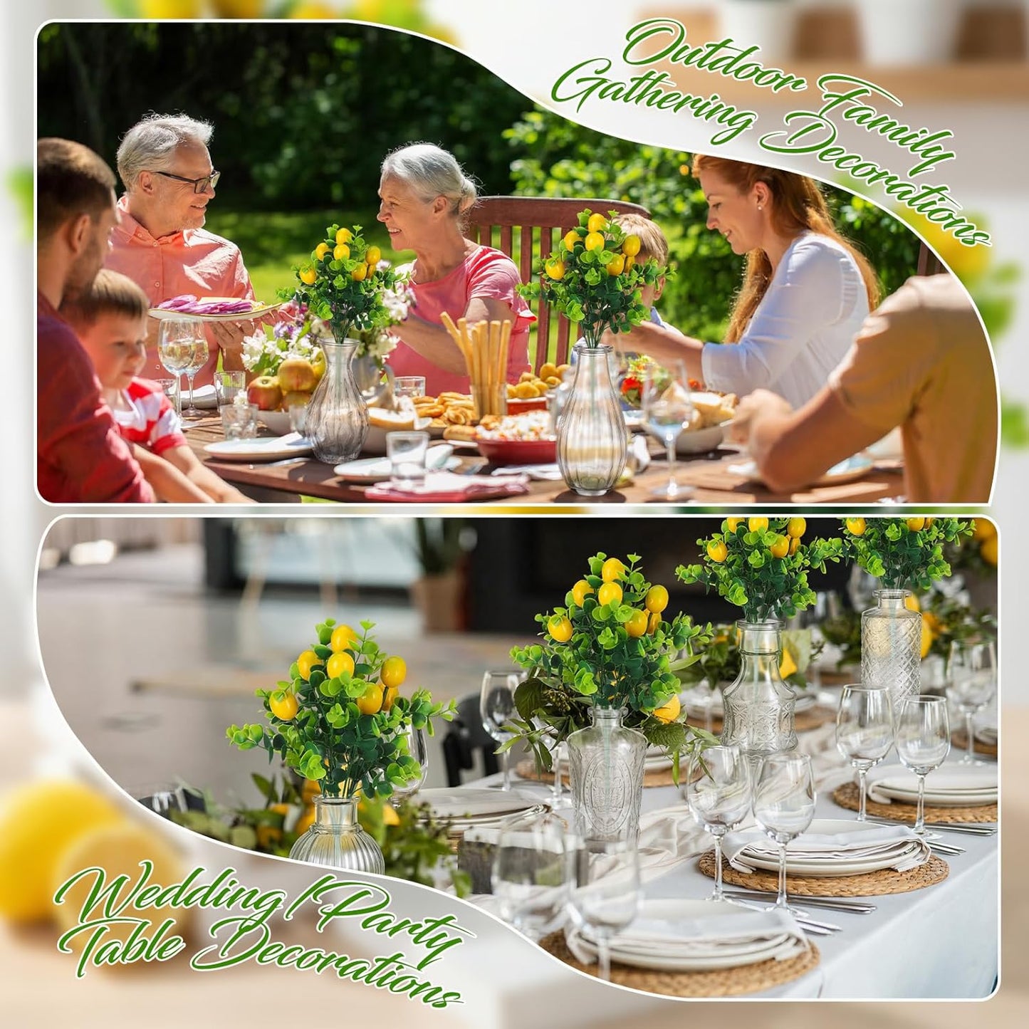 24 Pcs Artificial Lemon Branches with Glass Bud Vase Set 12 Yellow Faux Lemons 12 Mini Clear Embossed Bud Vase for Kitchen Table Bookshelf Home Decoration Wedding Birthday Farmhouse Decor