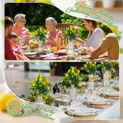 24 Pcs Artificial Lemon Branches with Glass Bud Vase Set 12 Yellow Faux Lemons 12 Mini Clear Embossed Bud Vase for Kitchen Table Bookshelf Home Decoration Wedding Birthday Farmhouse Decor