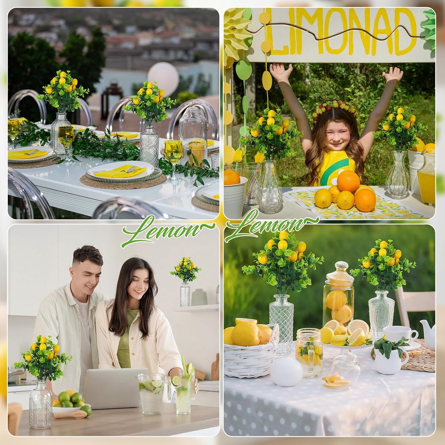 24 Pcs Artificial Lemon Branches with Glass Bud Vase Set 12 Yellow Faux Lemons 12 Mini Clear Embossed Bud Vase for Kitchen Table Bookshelf Home Decoration Wedding Birthday Farmhouse Decor