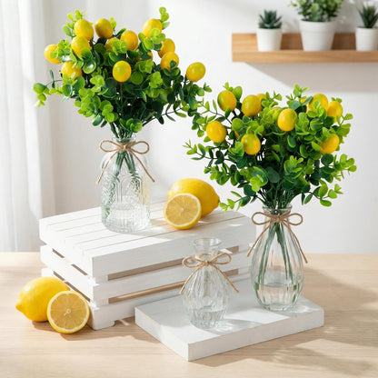 24 Pcs Artificial Lemon Branches with Glass Bud Vase Set 12 Yellow Faux Lemons 12 Mini Clear Embossed Bud Vase for Kitchen Table Bookshelf Home Decoration Wedding Birthday Farmhouse Decor