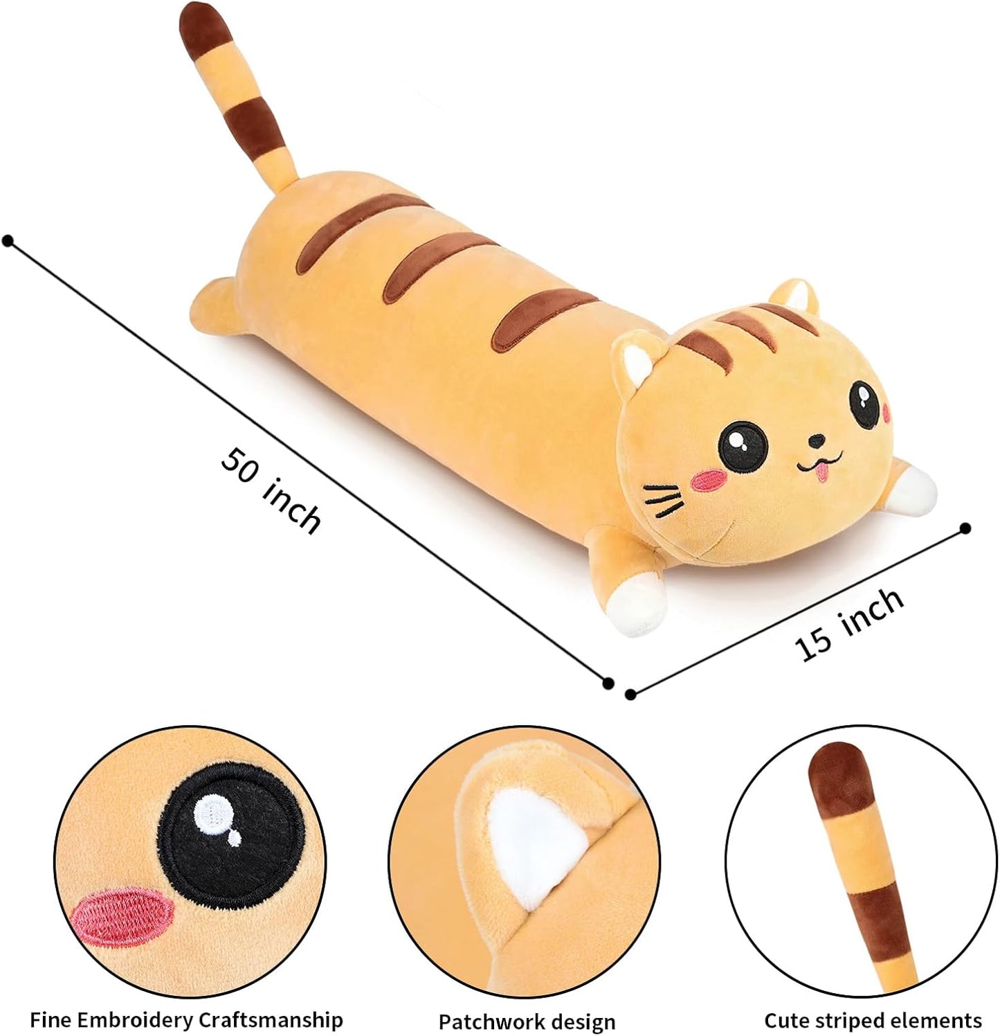 Long Cat Plush Cute Body Stuffed Animal Pillows, Yellow 50 Inch | Soft Cat Plushies Kawaii Room Decor Toy Gift for Kids Cat Lovers