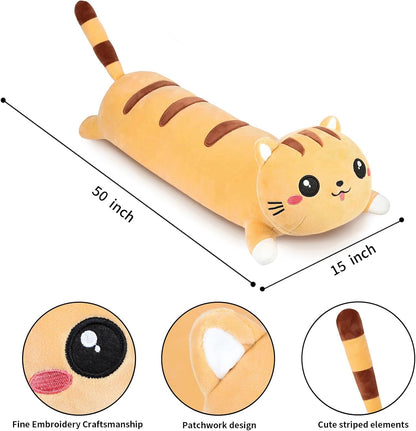Long Cat Plush Cute Body Stuffed Animal Pillows, Yellow 50 Inch | Soft Cat Plushies Kawaii Room Decor Toy Gift for Kids Cat Lovers