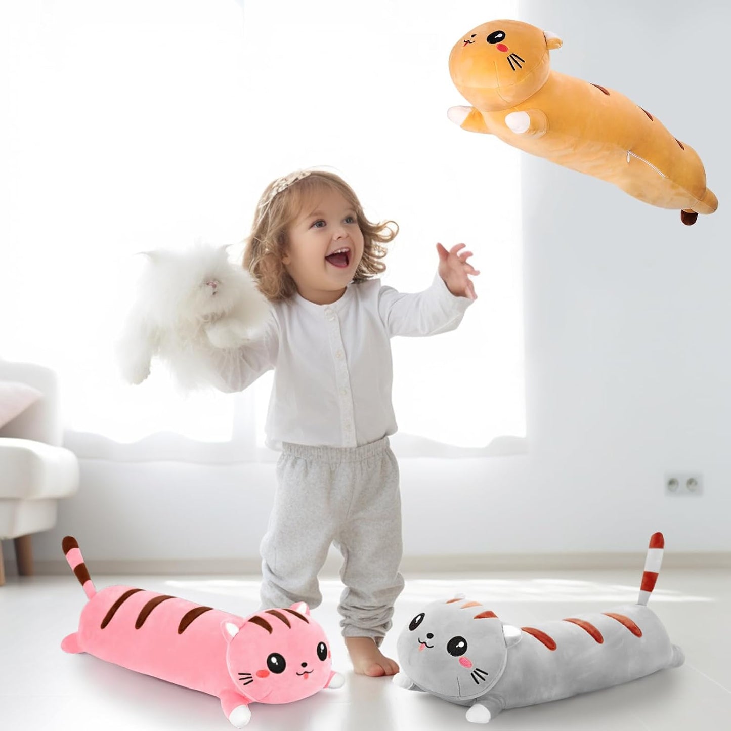 Long Cat Plush Cute Body Stuffed Animal Pillows, Yellow 50 Inch | Soft Cat Plushies Kawaii Room Decor Toy Gift for Kids Cat Lovers