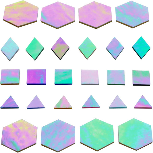 100pcs Mixed Colors Iridescent Glass Mosaic Tiles - 1 Inch Edge Length Mixed Shapes (Triangle, Diamond, Square, Hexagon) for DIY Crafts, Home Decor