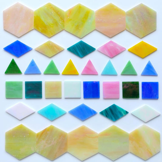 100pcs Mixed Colors Iridescent Glass Mosaic Tiles - 1 Inch Edge Length Mixed Shapes (Triangle, Diamond, Square, Hexagon) for DIY Crafts, Home Decor