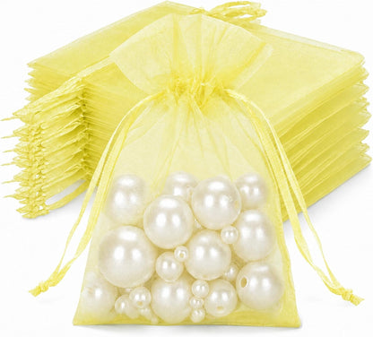 50Pcs Lemon Yellow Organza Bag 2.7x3.5 In Sheer Jewelry Mesh Pouch | Small Party Favor Drawstring Pouch for Wedding,Birthday,Baby Shower,DIY Craft