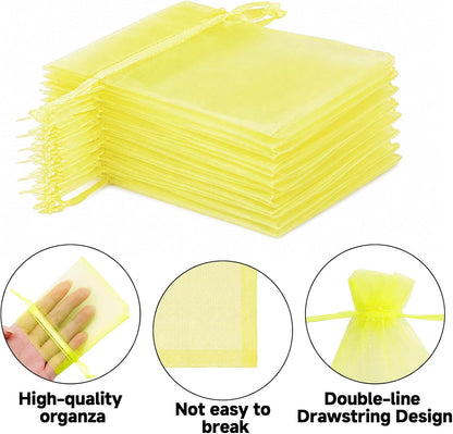 50Pcs Lemon Yellow Organza Bag 2.7x3.5 In Sheer Jewelry Mesh Pouch | Small Party Favor Drawstring Pouch for Wedding,Birthday,Baby Shower,DIY Craft