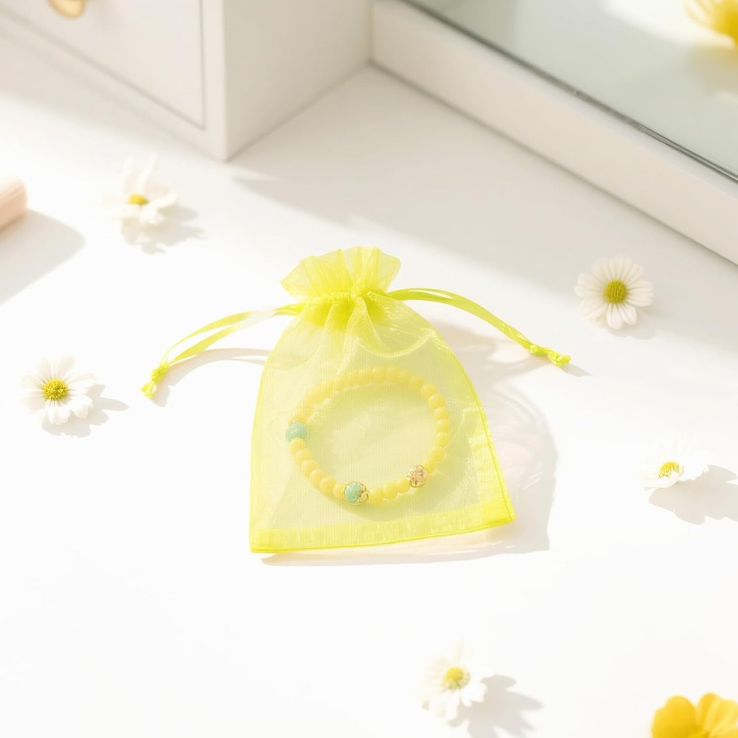 50Pcs Lemon Yellow Organza Bag 2.7x3.5 In Sheer Jewelry Mesh Pouch | Small Party Favor Drawstring Pouch for Wedding,Birthday,Baby Shower,DIY Craft