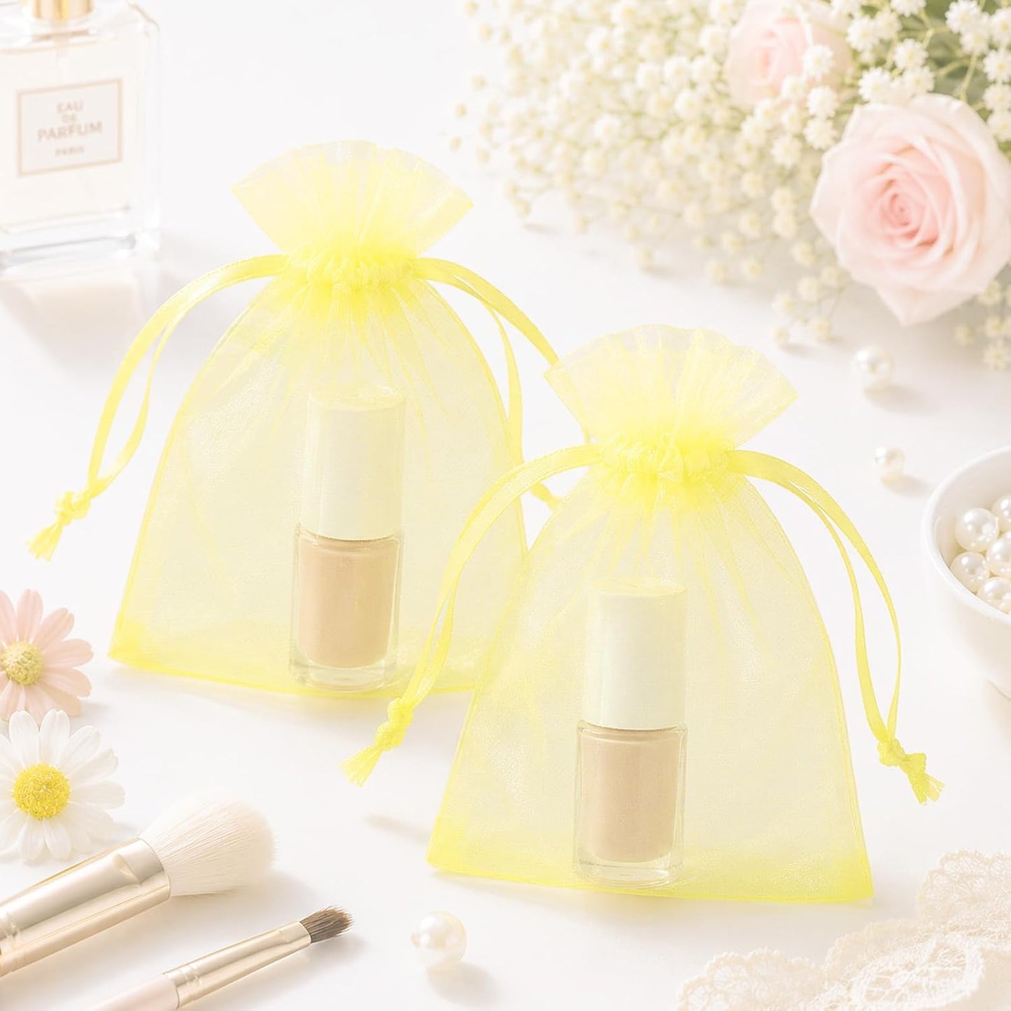 50Pcs Lemon Yellow Organza Bag 2.7x3.5 In Sheer Jewelry Mesh Pouch | Small Party Favor Drawstring Pouch for Wedding,Birthday,Baby Shower,DIY Craft