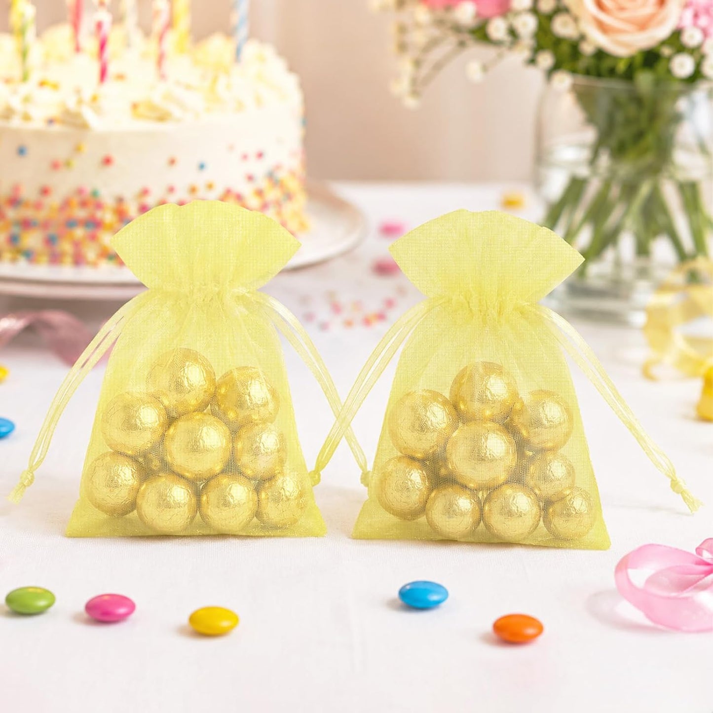50Pcs Lemon Yellow Organza Bag 2.7x3.5 In Sheer Jewelry Mesh Pouch | Small Party Favor Drawstring Pouch for Wedding,Birthday,Baby Shower,DIY Craft