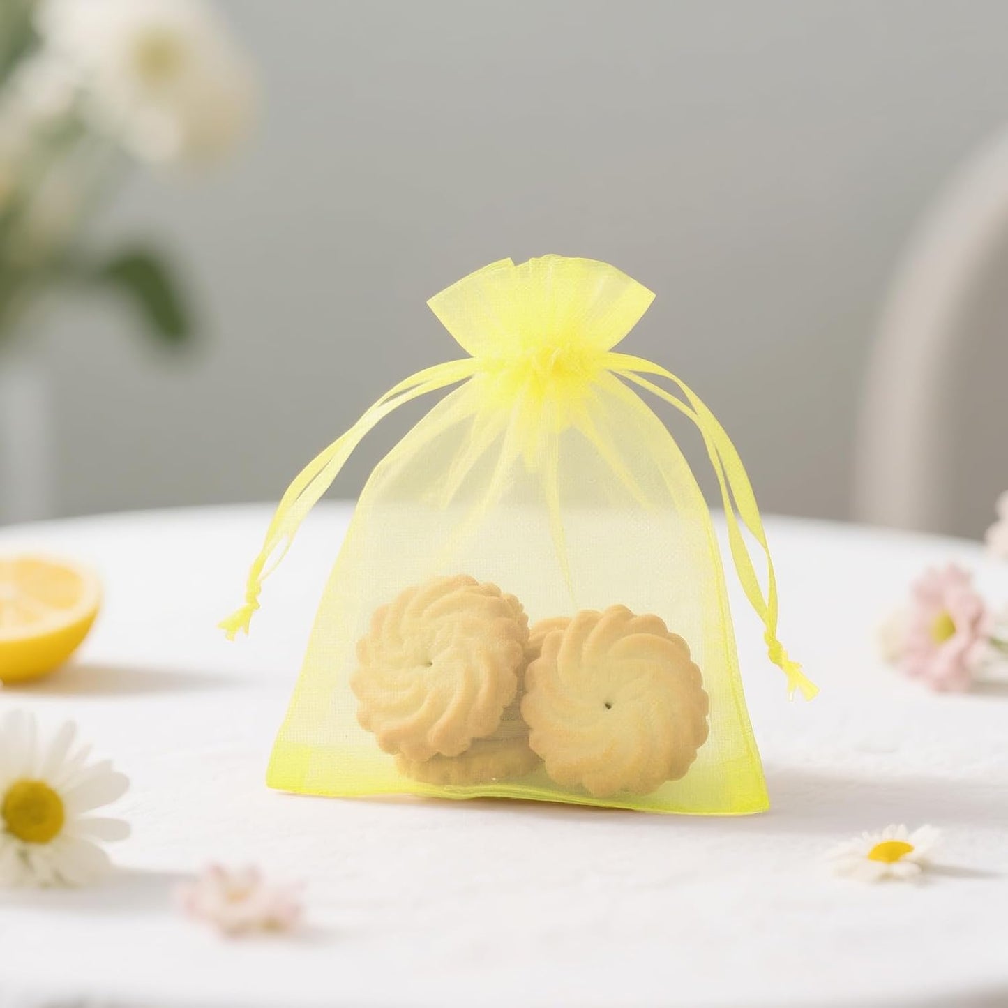 50Pcs Lemon Yellow Organza Bag 2.7x3.5 In Sheer Jewelry Mesh Pouch | Small Party Favor Drawstring Pouch for Wedding,Birthday,Baby Shower,DIY Craft