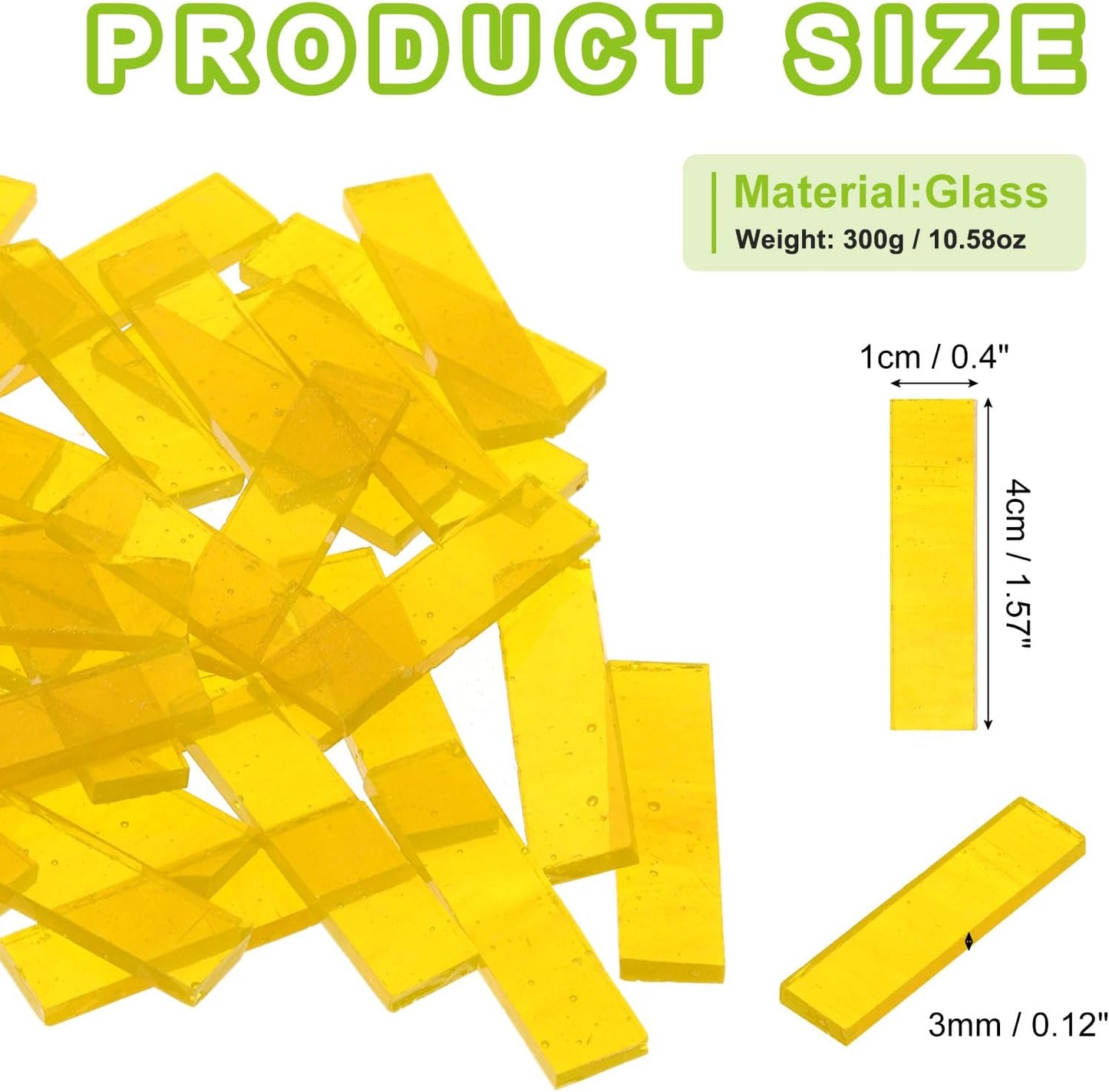 Rectangular Mosaic Tiles Stained Glass Strips, 1.57" x 0.4" Transparent Yellow Glass Pieces 300g/10.58 oz Mosaic Tile Making Supplies for DIY Handmade Crafts and Home Decoration