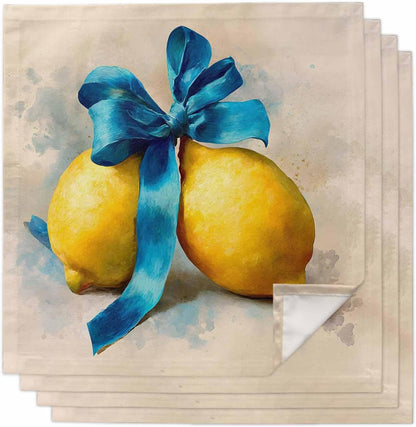 Vintage Yellow Lemon Cloth Napkins Set of 4, Holiday Napkins for Baby Shower, Blue Bowknot Summer Fruits Ink Painting Washable Reusable Dinner Napkin for Cocktail Wedding Party, 20 x 20 Inch