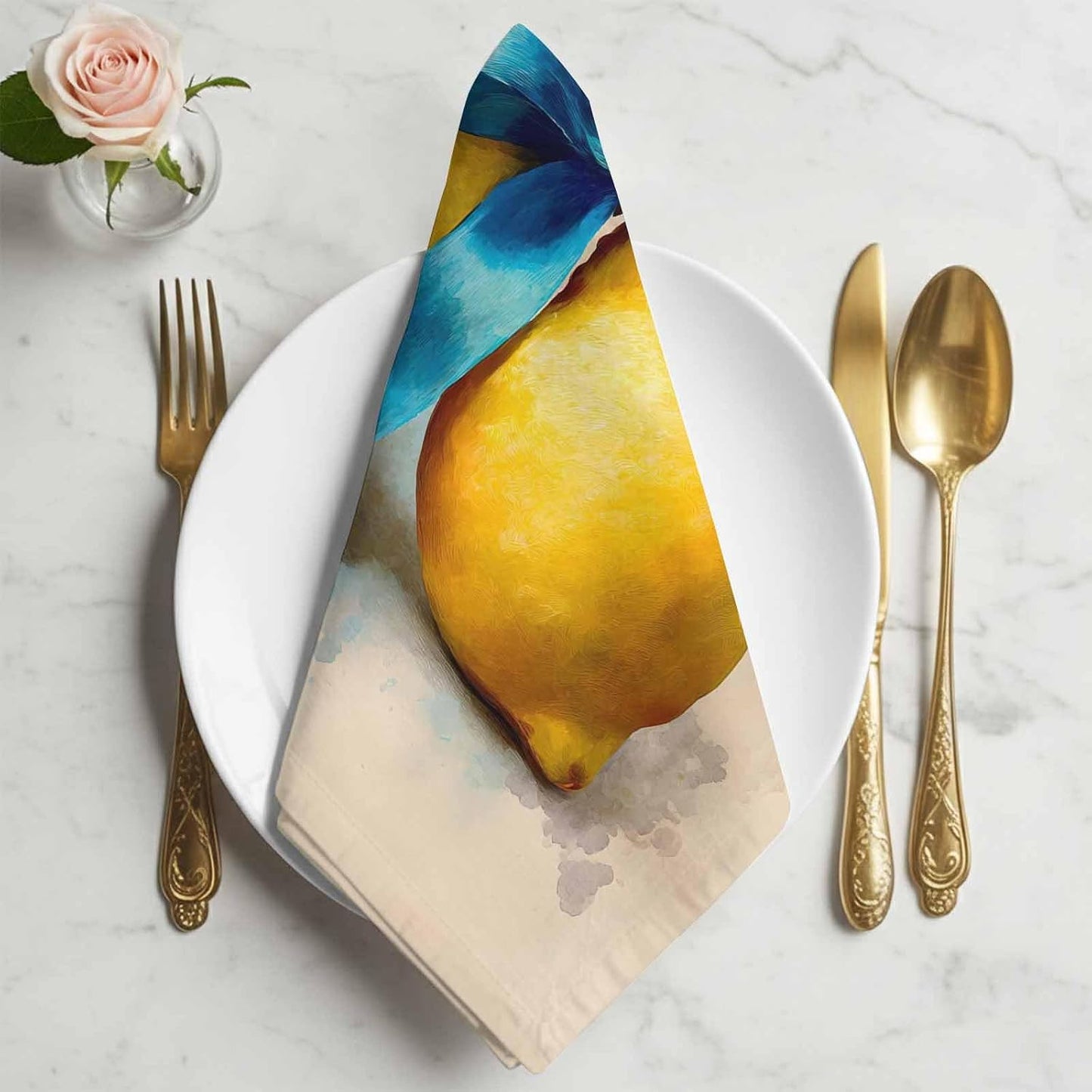 Vintage Yellow Lemon Cloth Napkins Set of 4, Holiday Napkins for Baby Shower, Blue Bowknot Summer Fruits Ink Painting Washable Reusable Dinner Napkin for Cocktail Wedding Party, 20 x 20 Inch