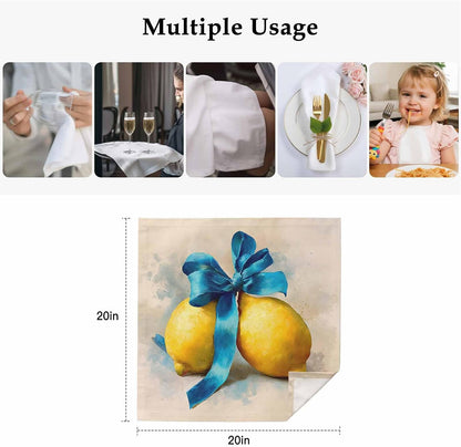 Vintage Yellow Lemon Cloth Napkins Set of 4, Holiday Napkins for Baby Shower, Blue Bowknot Summer Fruits Ink Painting Washable Reusable Dinner Napkin for Cocktail Wedding Party, 20 x 20 Inch