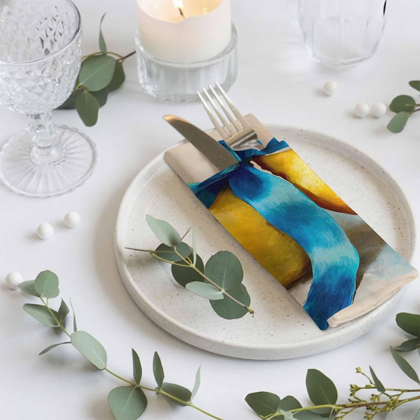 Vintage Yellow Lemon Cloth Napkins Set of 4, Holiday Napkins for Baby Shower, Blue Bowknot Summer Fruits Ink Painting Washable Reusable Dinner Napkin for Cocktail Wedding Party, 20 x 20 Inch