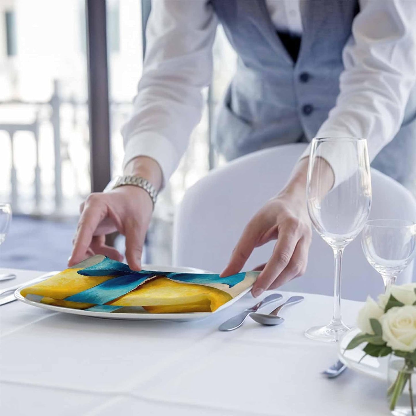 Vintage Yellow Lemon Cloth Napkins Set of 4, Holiday Napkins for Baby Shower, Blue Bowknot Summer Fruits Ink Painting Washable Reusable Dinner Napkin for Cocktail Wedding Party, 20 x 20 Inch
