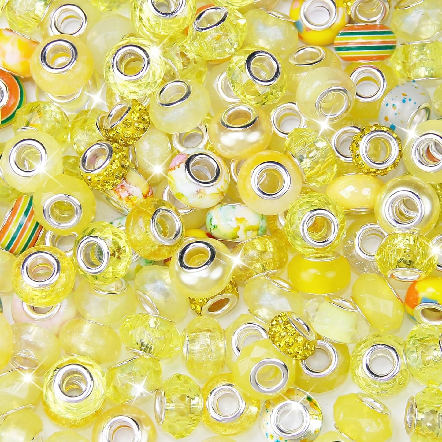 100 Pcs European Craft Beads Large Hole Spacer Beads, Assorted European Craft Bead Yellow Rhinestone Lampwork Beads Large Hole Spacer Bead for DIY Charms Bracelet Necklace Jewelry Making Supplies