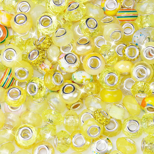 100 Pcs European Craft Beads Large Hole Spacer Beads, Assorted European Craft Bead Yellow Rhinestone Lampwork Beads Large Hole Spacer Bead for DIY Charms Bracelet Necklace Jewelry Making Supplies