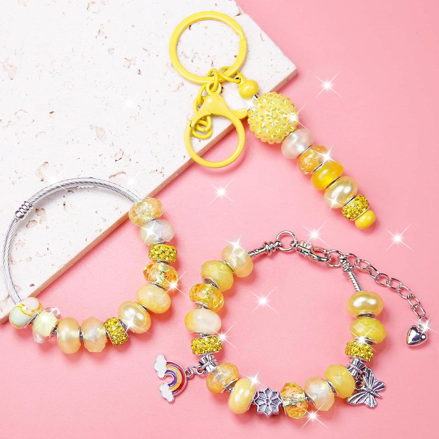 100 Pcs European Craft Beads Large Hole Spacer Beads, Assorted European Craft Bead Yellow Rhinestone Lampwork Beads Large Hole Spacer Bead for DIY Charms Bracelet Necklace Jewelry Making Supplies