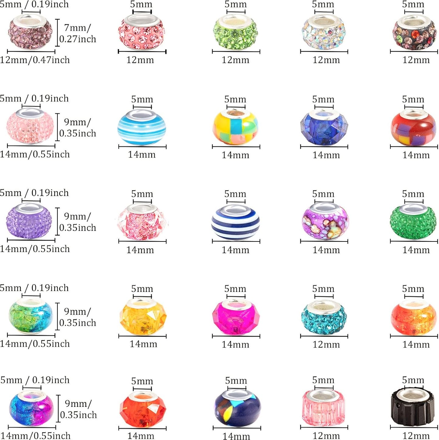 100 Pcs European Craft Beads Large Hole Spacer Beads, Assorted European Craft Bead Yellow Rhinestone Lampwork Beads Large Hole Spacer Bead for DIY Charms Bracelet Necklace Jewelry Making Supplies