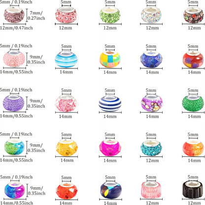 100 Pcs European Craft Beads Large Hole Spacer Beads, Assorted European Craft Bead Yellow Rhinestone Lampwork Beads Large Hole Spacer Bead for DIY Charms Bracelet Necklace Jewelry Making Supplies