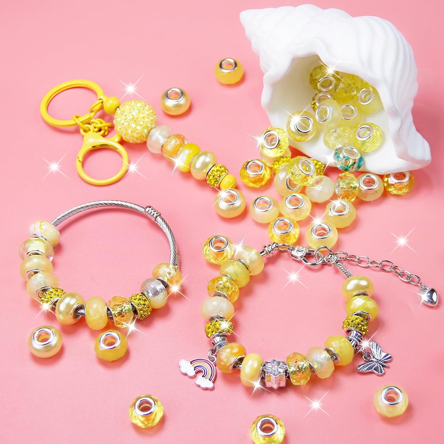 100 Pcs European Craft Beads Large Hole Spacer Beads, Assorted European Craft Bead Yellow Rhinestone Lampwork Beads Large Hole Spacer Bead for DIY Charms Bracelet Necklace Jewelry Making Supplies