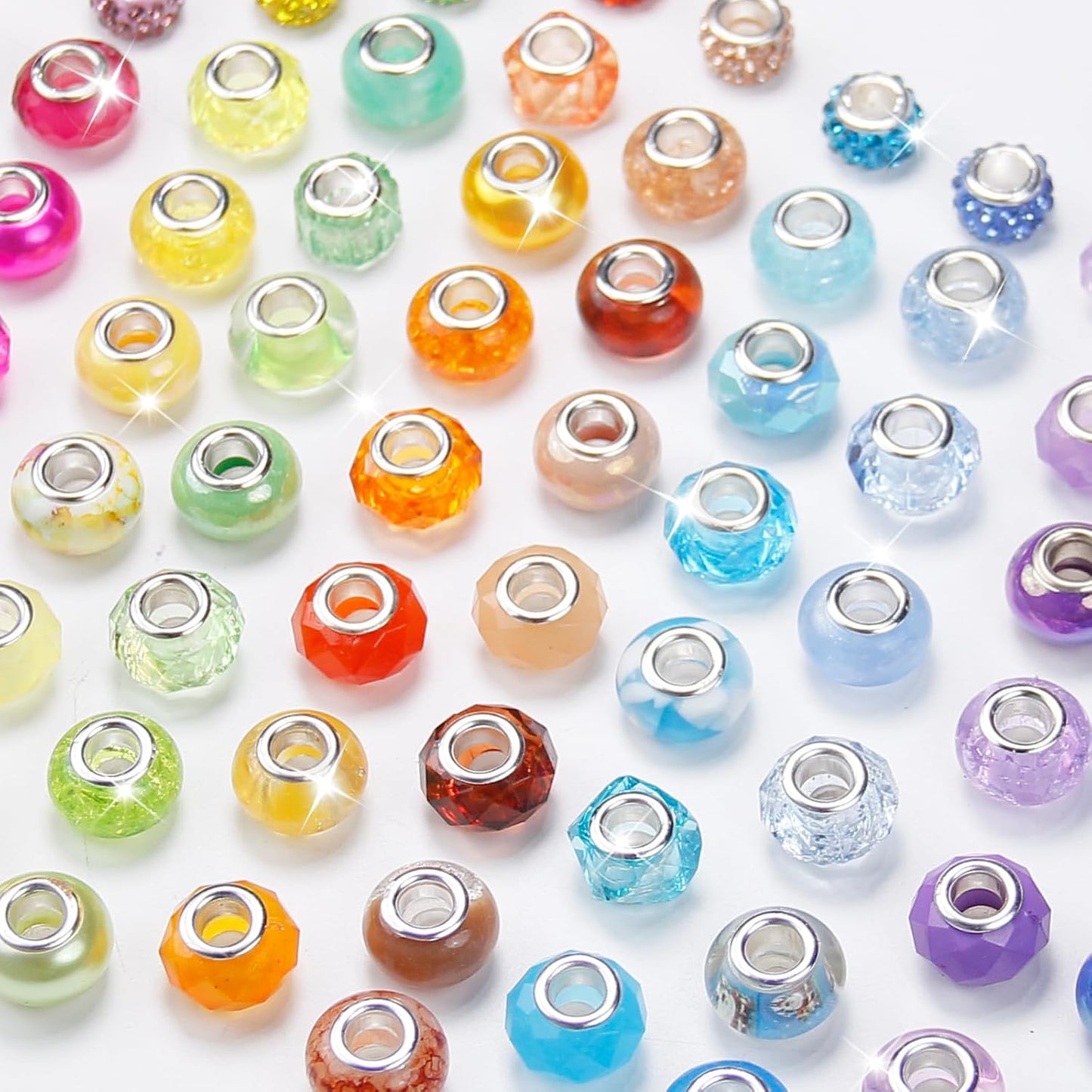 100 Pcs European Craft Beads Large Hole Spacer Beads, Assorted European Craft Bead Yellow Rhinestone Lampwork Beads Large Hole Spacer Bead for DIY Charms Bracelet Necklace Jewelry Making Supplies